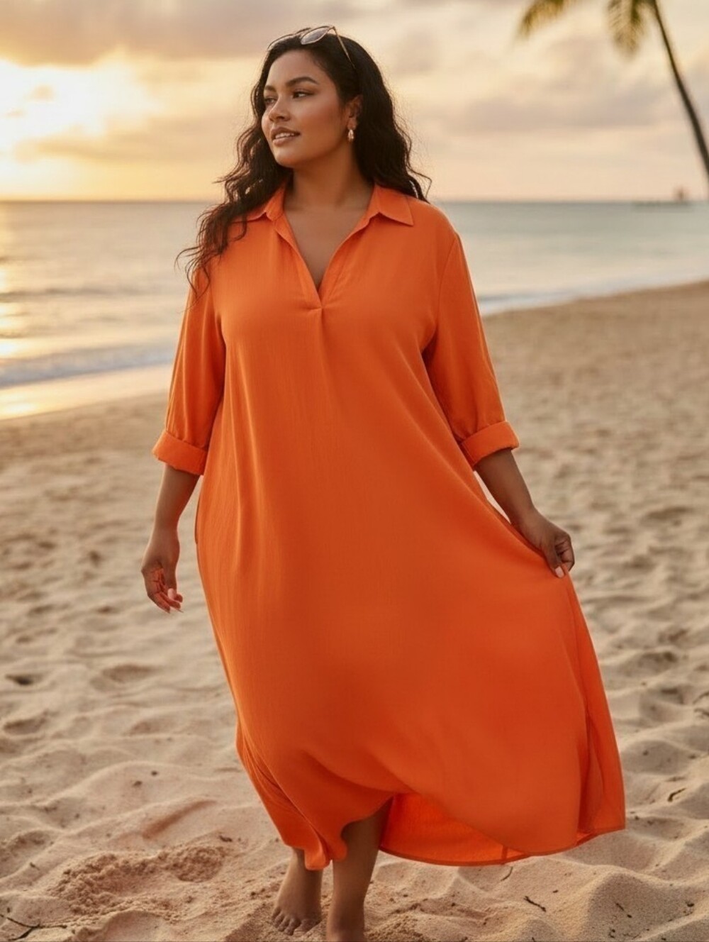 Stunning Boho cover-up Dress Double Zero flowy long sleeve v-neck Orange